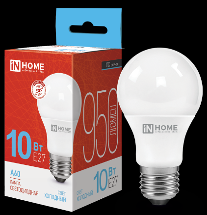 Лампа светодиодная Е27 10Вт Led 6500К холодный свет груша In Home