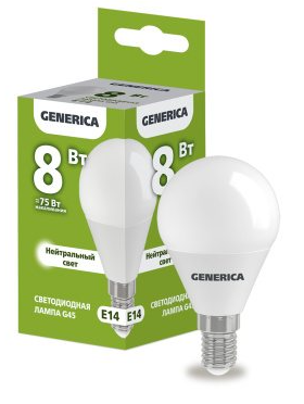 Лампа светодиодная Е14  8Вт Led 4000К белый свет шар Generica IEK