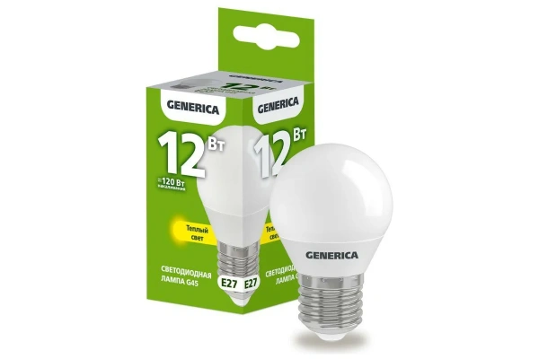 Лампа светодиодная Е27 12Вт Led 3000К теплый свет шар Generica IEK